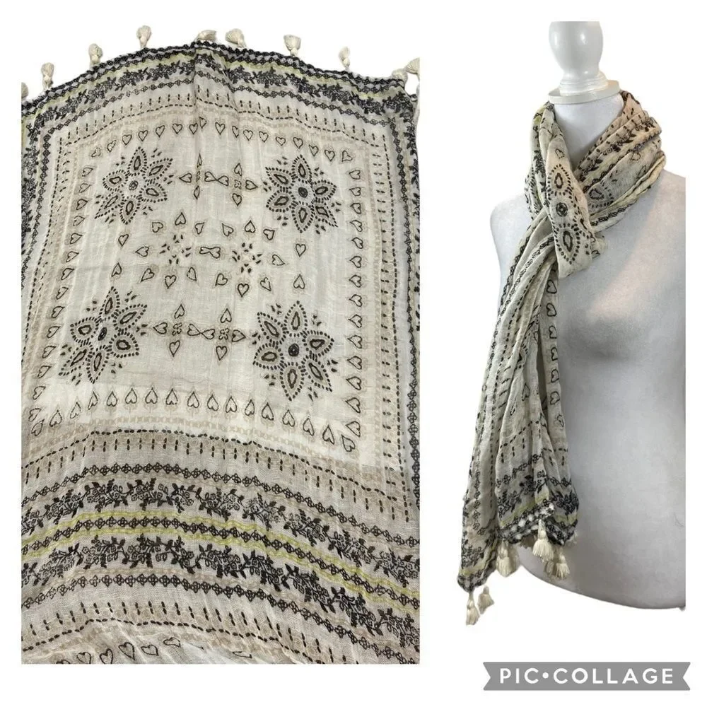 Ladies Long Tassel End Gauzy Boho Print Scarf Appr‎ 30” x 77”